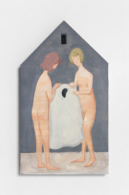 Mae Dessauvage, Cloak, 2023, Gouache, acrylic, graphite, colored pencil on panel. 57 x 32 cm