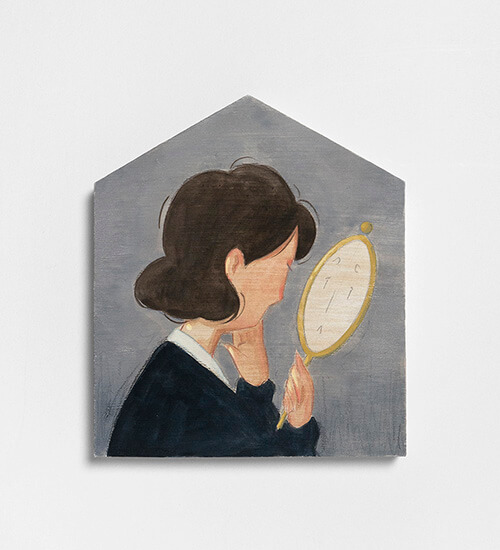 Mae Dessauvage, Portrait (Figure with mirror), 2023, Gouache, acrylic, graphite, colored pencil on panel. 21 x 18 cm