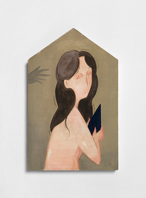 Mae Dessauvage, Portrait (Figure with Pyx), 2023, Gouache, acrylic, graphite, colored pencil on panel. 29 x 18 cm
