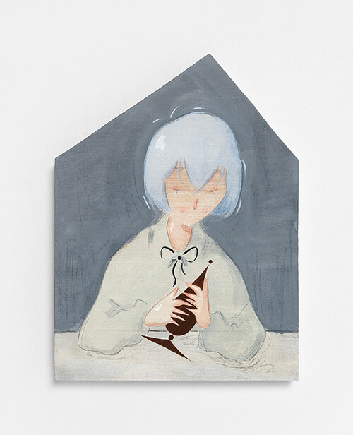 Mae Dessauvage, Portrait (Figure with Urn), 2023, Gouache, acrylic, graphite, colored pencil on panel. 28.5 x 21.5 cm
