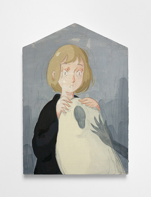 Mae Dessauvage, Haunted Figure III, 2024, Gouache, acrylic, graphite, colored pencil on panel. 27 x 19 cm