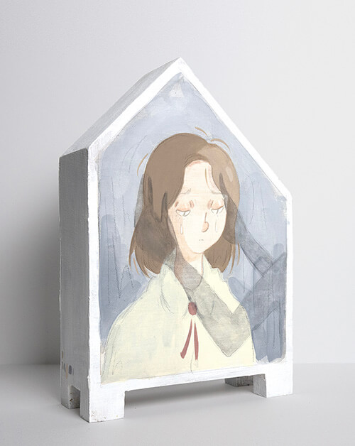 Mae Dessauvage, Intimacy, 2024, Gouache, acrylic, graphite, colored pencil on panel. 28 x 16 x 6 cm