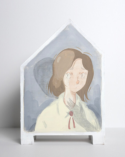 Mae Dessauvage, Intimacy, 2024, Gouache, acrylic, graphite, colored pencil on panel. 28 x 16 x 6 cm