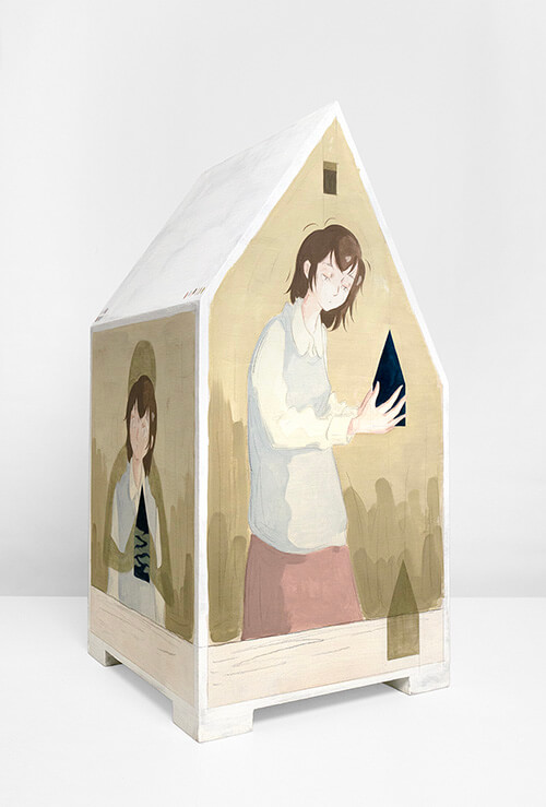 Mae Dessauvage, Shadow Play, 2024, Gouache, acrylic, graphite, colored pencil on panel. 55.5 x 28 x 28 cm