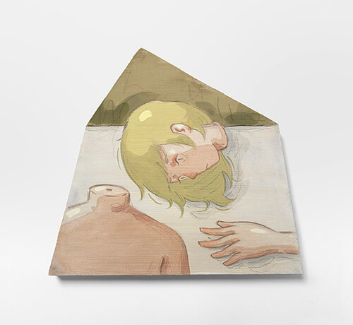 Mae Dessauvage, Doll Parts I, 2025, Gouache, acrylic, graphite, colored pencil on panel. 21.5 x 24 cm