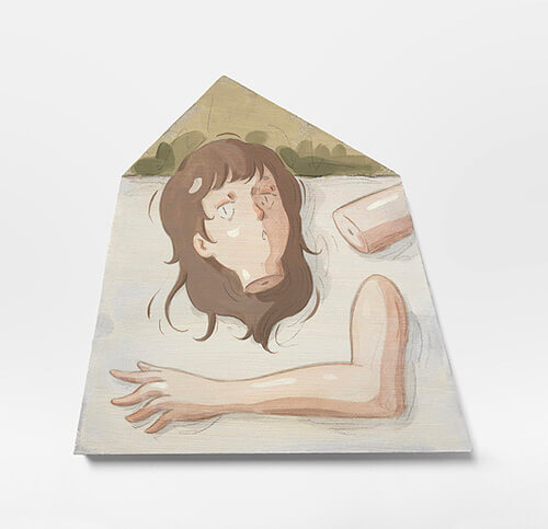 Mae Dessauvage, Doll Parts III, 2025, Gouache, acrylic, graphite, colored pencil on panel. 25 x 26 cm