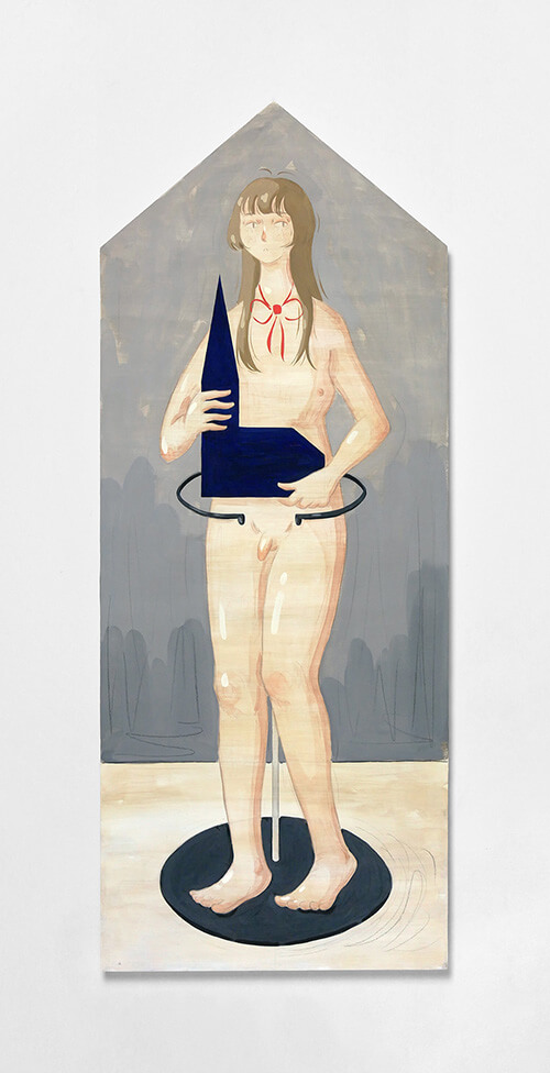 Mae Dessauvage, Doll with Church, 2025, Gouache, acrylic, graphite, colored pencil on panel. 162.5 x 65 cm