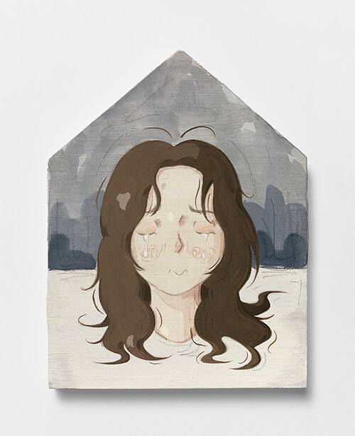 Mae Dessauvage, Doll Head II, 2025, Gouache, acrylic, graphite, colored pencil on panel. 18.5 x 14 cm