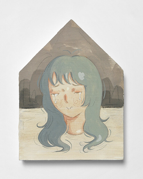 Mae Dessauvage, Doll Head I, 2025, Gouache, acrylic, graphite, colored pencil on panel. 19 x 14 cm