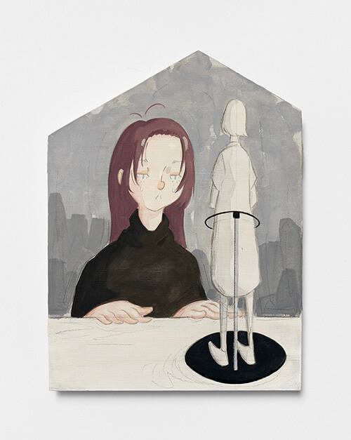 Mae Dessauvage, Figure with Doll IV, 2025, Gouache, acrylic, graphite, colored pencil on panel. 29.5 x 22 cm