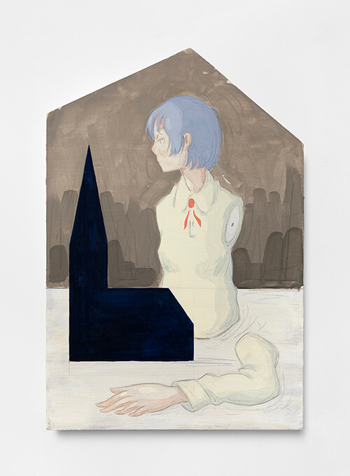 Mae Dessauvage, Doll Parts with Church, 2025, Gouache, acrylic, graphite, colored pencil on panel. 42.5 x 28.5 cm