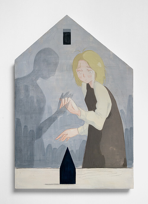 Mae Dessauvage, Concession, 2025, Gouache, acrylic, graphite, colored pencil on panel. 56 x 38 cm