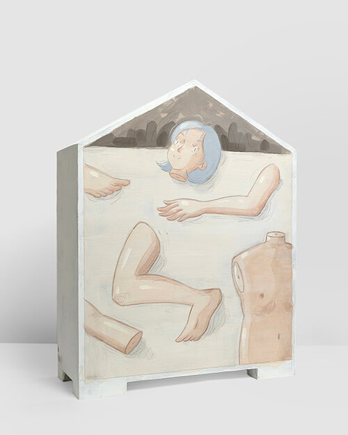 Mae Dessauvage, Reconfiguration, 2025, Gouache, acrylic, graphite, colored pencil on panel. 46 x 36 x 14 cm