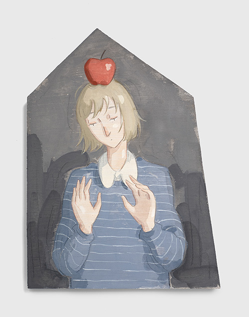 Mae Dessauvage, Figure Balancing Apple, 2026, Gouache, acrylic, graphite, colored pencil on panel. 34 x 25 cm