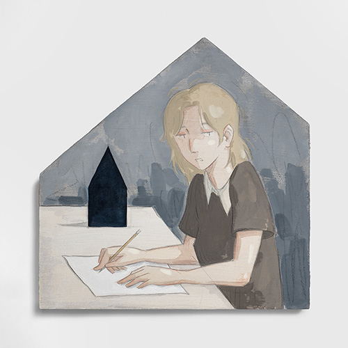 Mae Dessauvage, Figure Writing, 2026, Gouache, acrylic, graphite, colored pencil on panel. 28 x 28 cm