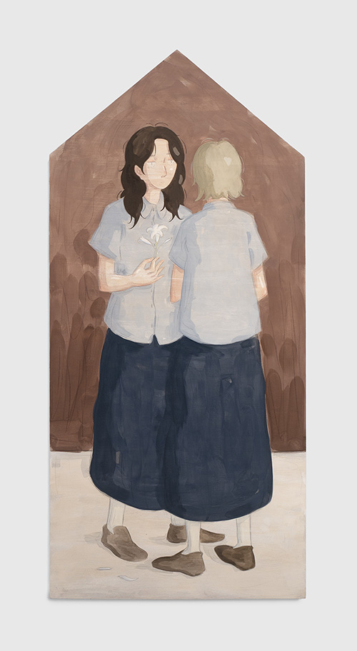 Mae Dessauvage, Confession, 2026, Gouache, acrylic, graphite, colored pencil on panel. 149.5 x 70 cm