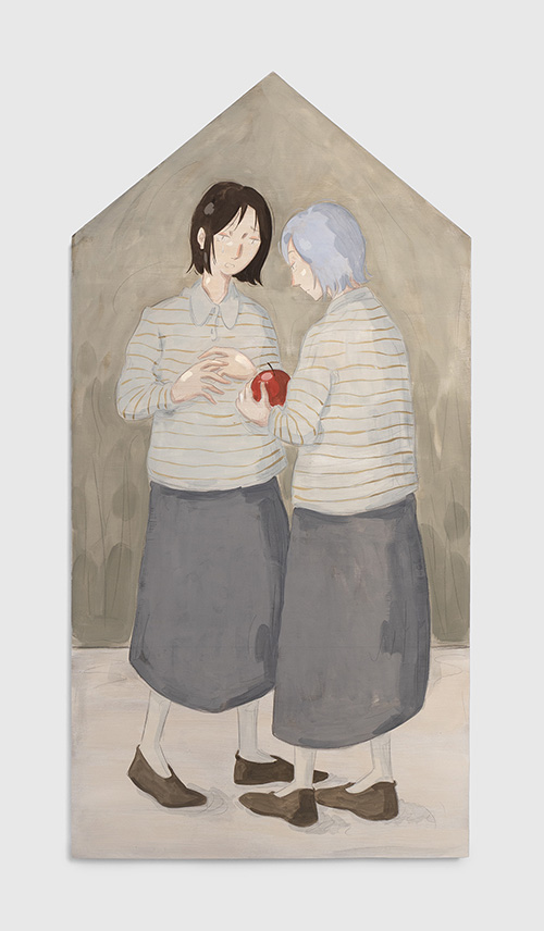 Mae Dessauvage, Fate, 2026, Gouache, acrylic, graphite, colored pencil on panel. 148.5 x 75 cm